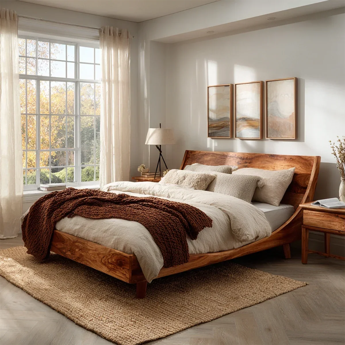 Low Profile Wooden Bed Frame in Natural Solid Wood With Sloped Headboard - ArborisWood - 9