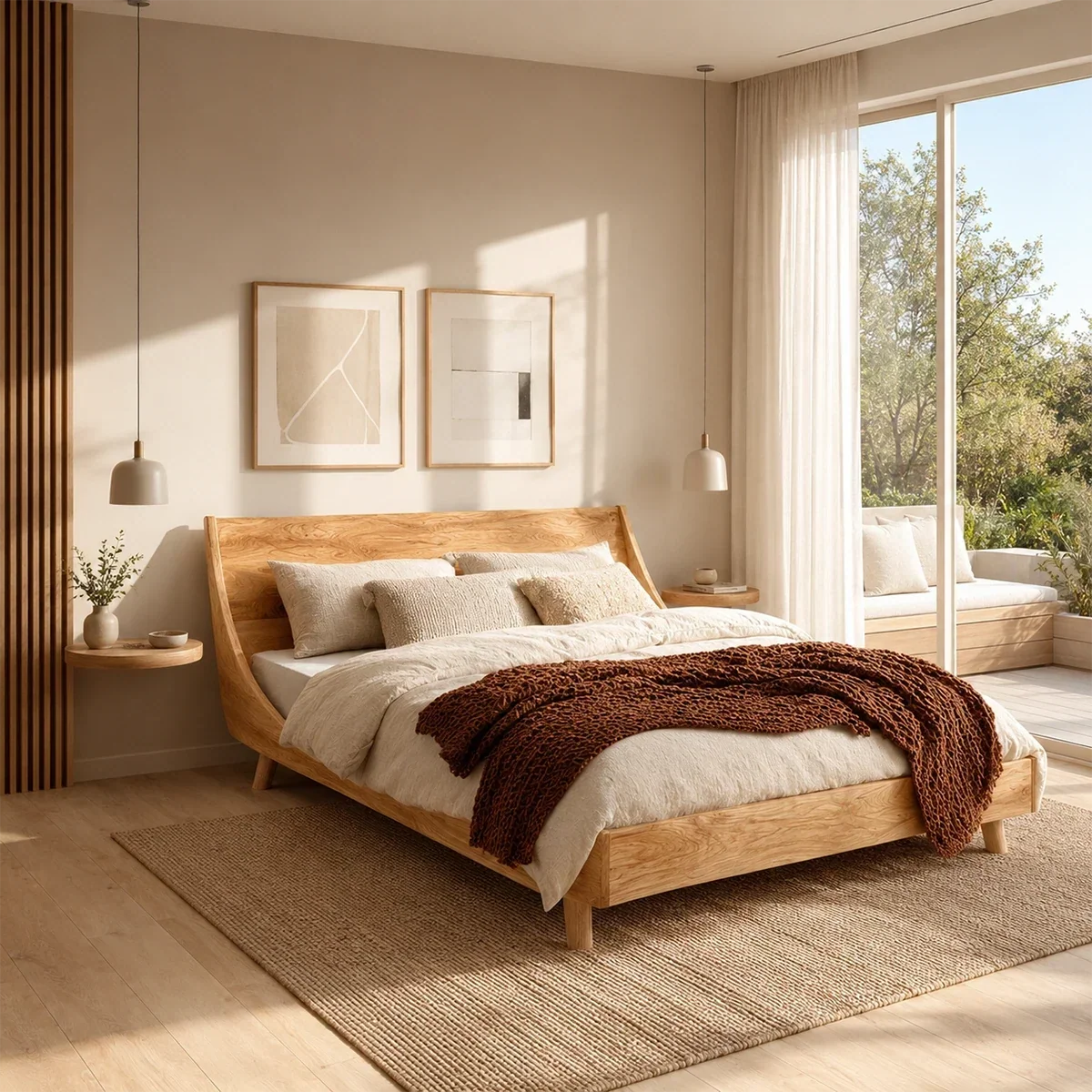 Low Profile Wooden Bed Frame in Natural Solid Wood With Sloped Headboard - ArborisWood