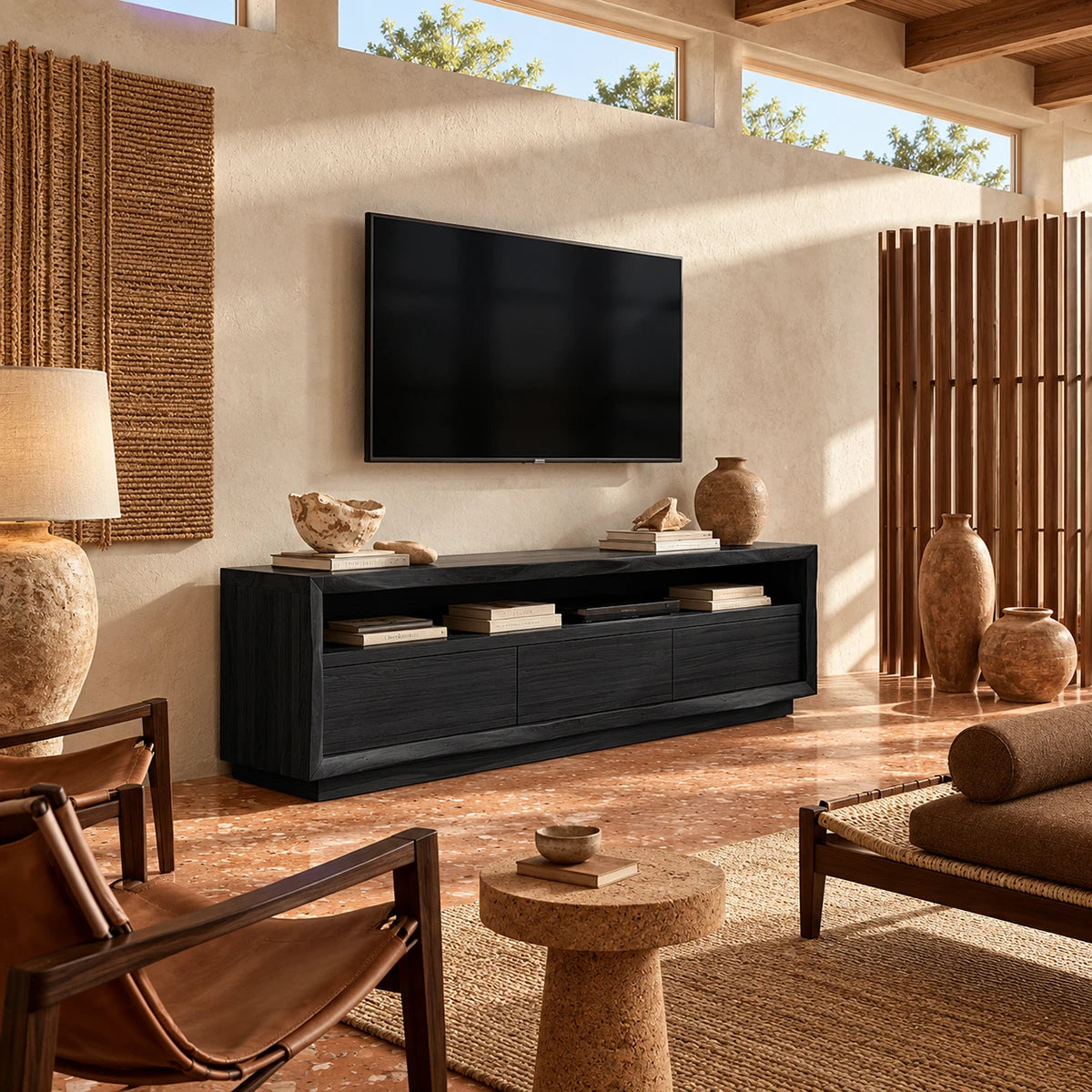 Minimalist TV storage unit in natural solid wood with open shelving and sleek form