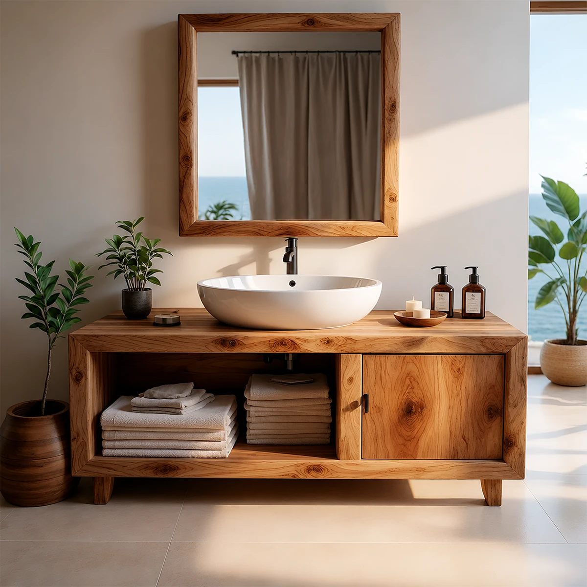 Natural Grain Bathroom Vanity Solid Wood Minimalist Style
