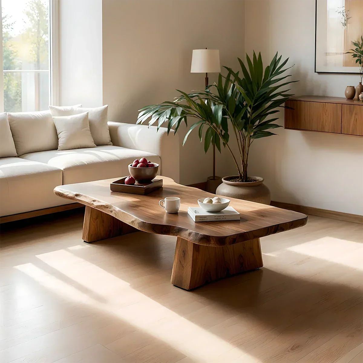 Walnut coffee table with soft curve platform base