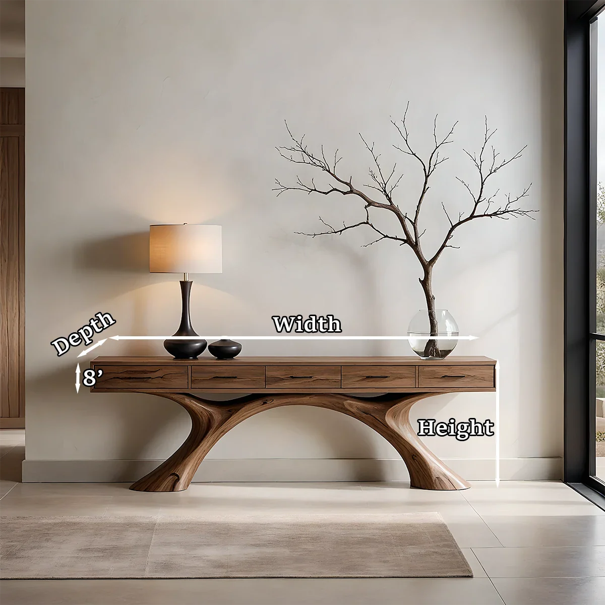 Designed with dual arch legs, this console table offers a clean and organic modern aesthetic