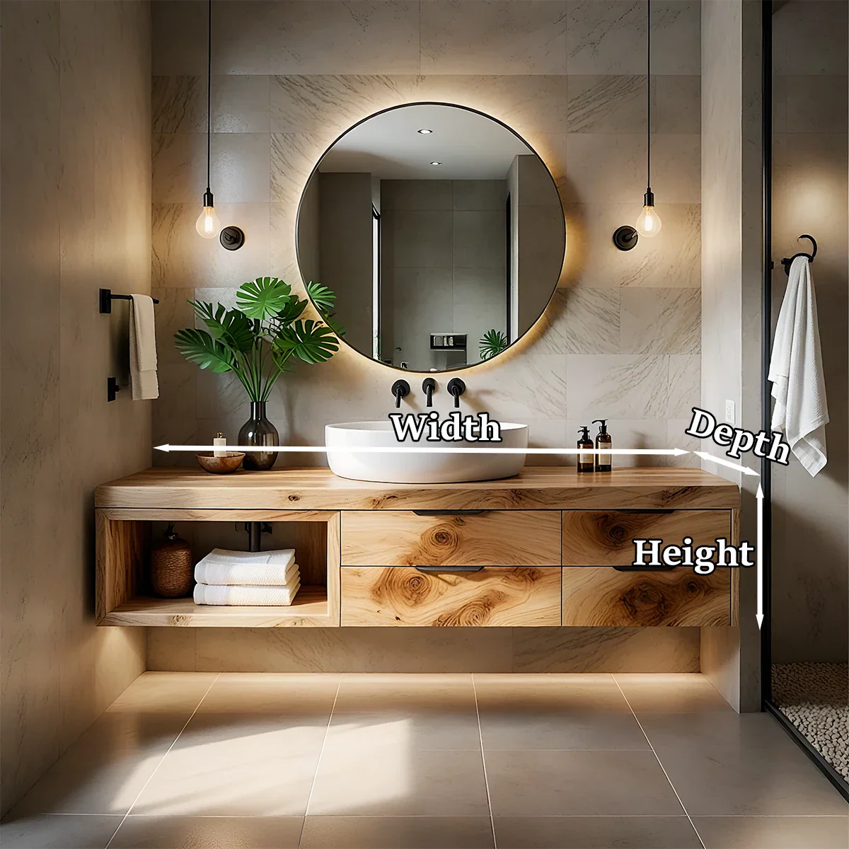 Minimalist maple floating bathroom vanity with wood drawers