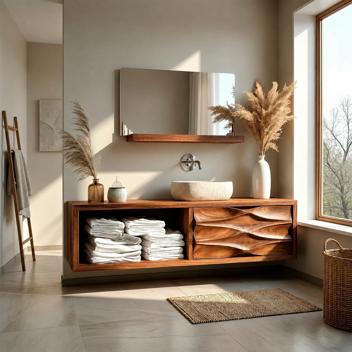 Floating Natural Solid Wood Bathroom Vanity With Sculpted Drawer
