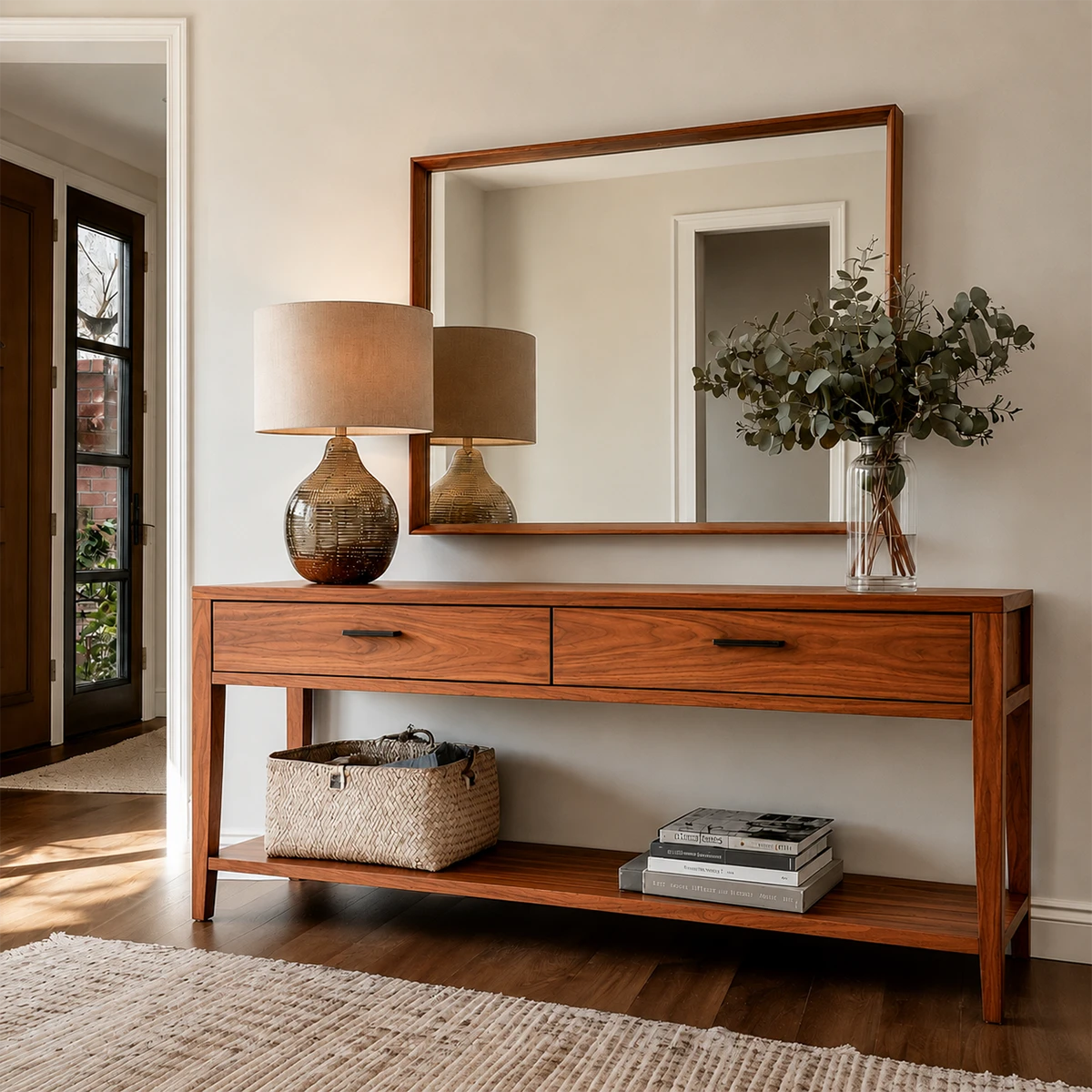 Wooden console table with mirror, lamp, and decorative items in a room.