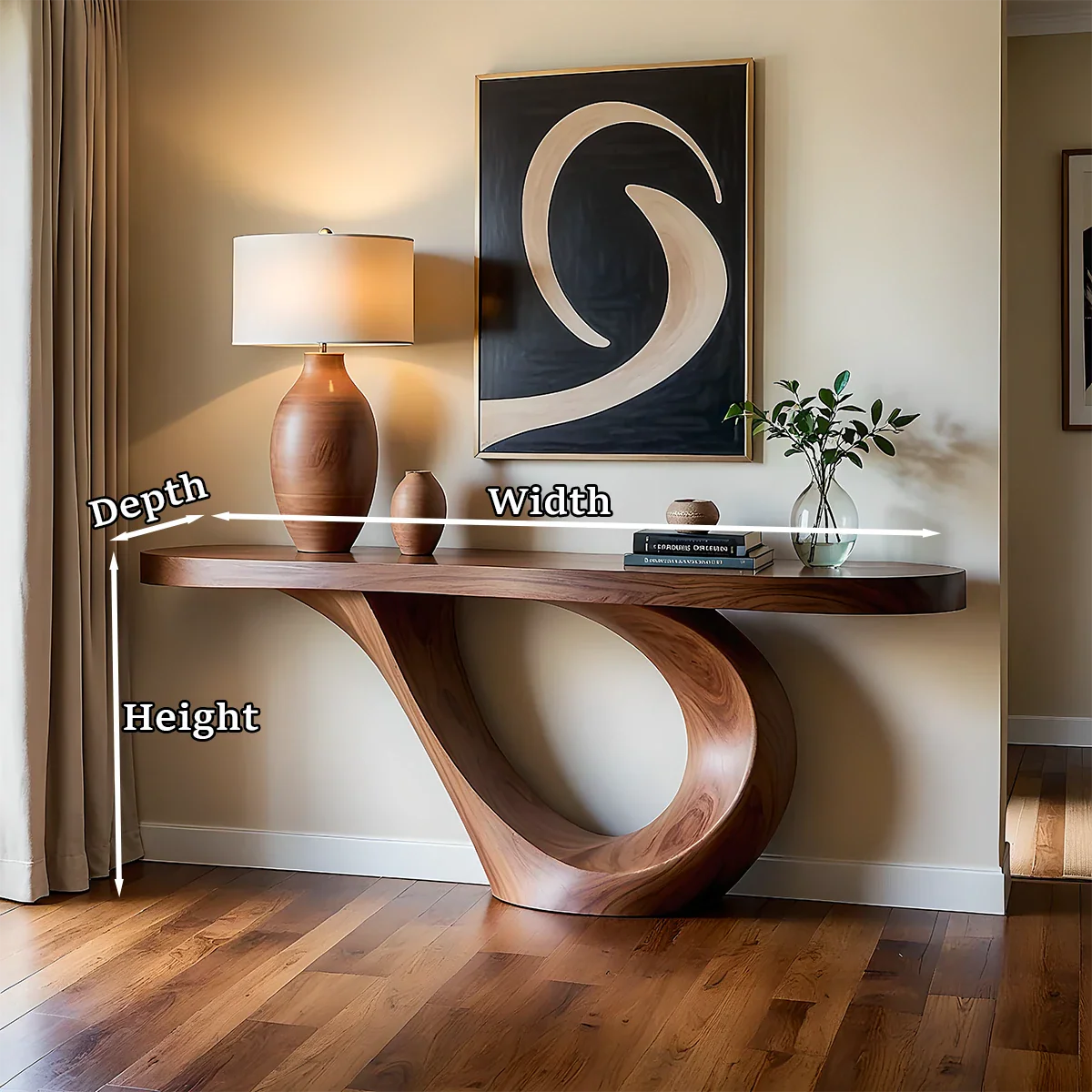 A solid wood console table with curved silhouette adds artistic character to this modern space