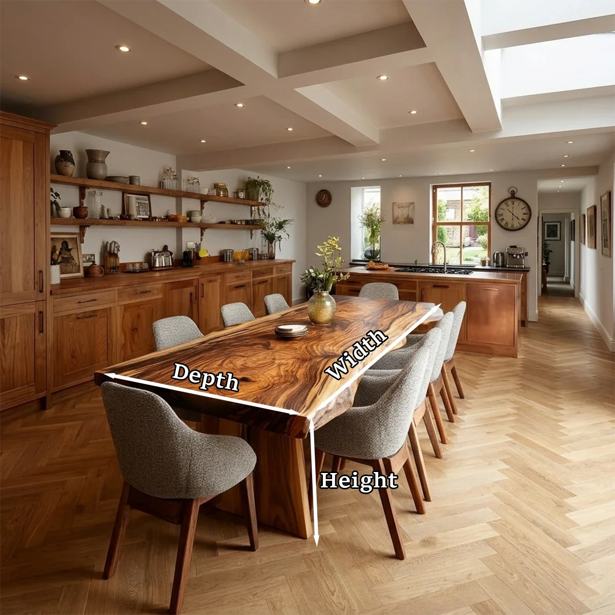 Organic edge dining table in solid wood enhances the warmth of this modern residential kitchen