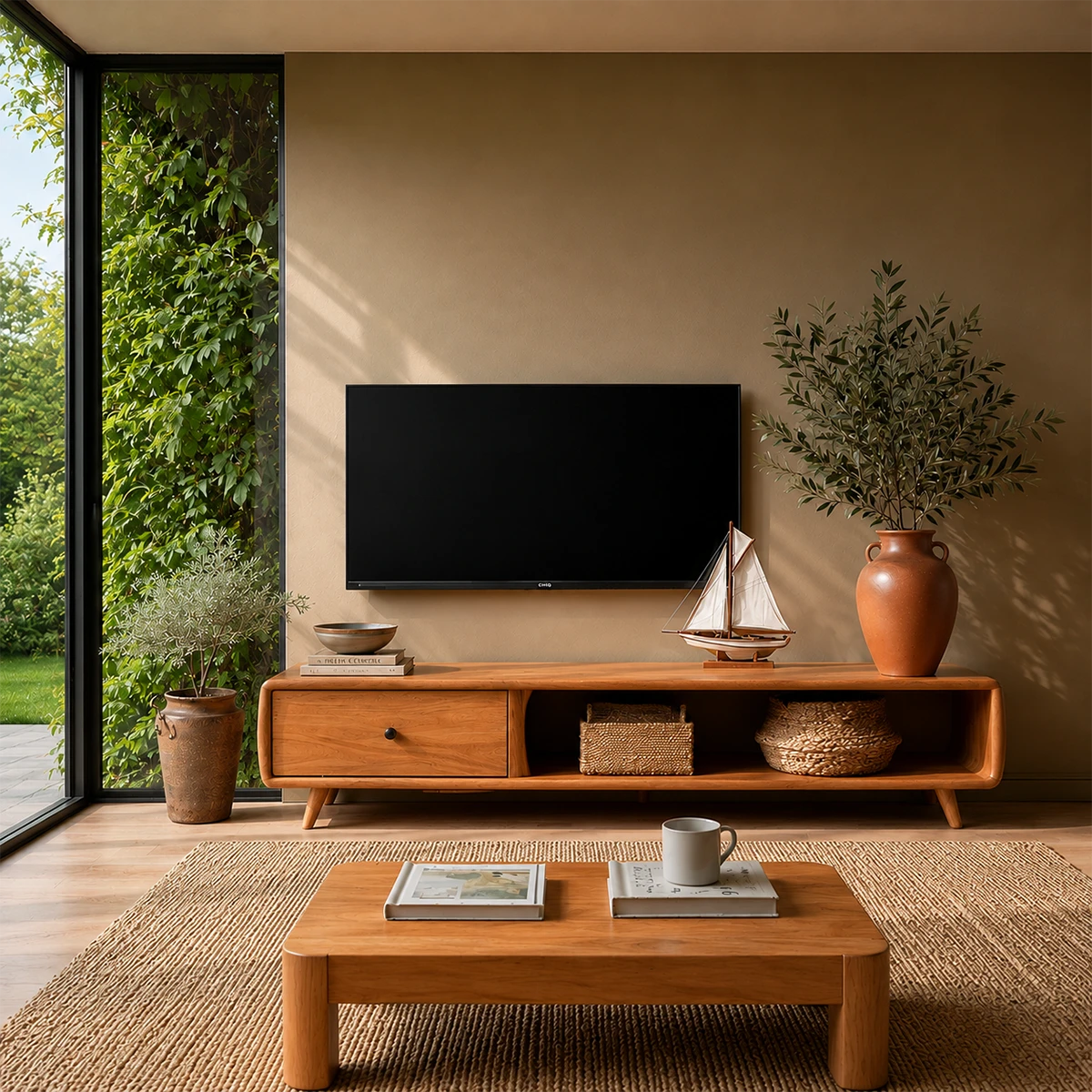 Modern Low Profile TV Stand in Natural Solid Wood with Drawer and Open Shelf - ArborisWood - 15