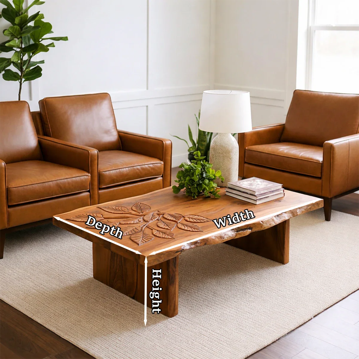 Coffee table with matte brown finish and sculptural base in a warm neutral modern living room