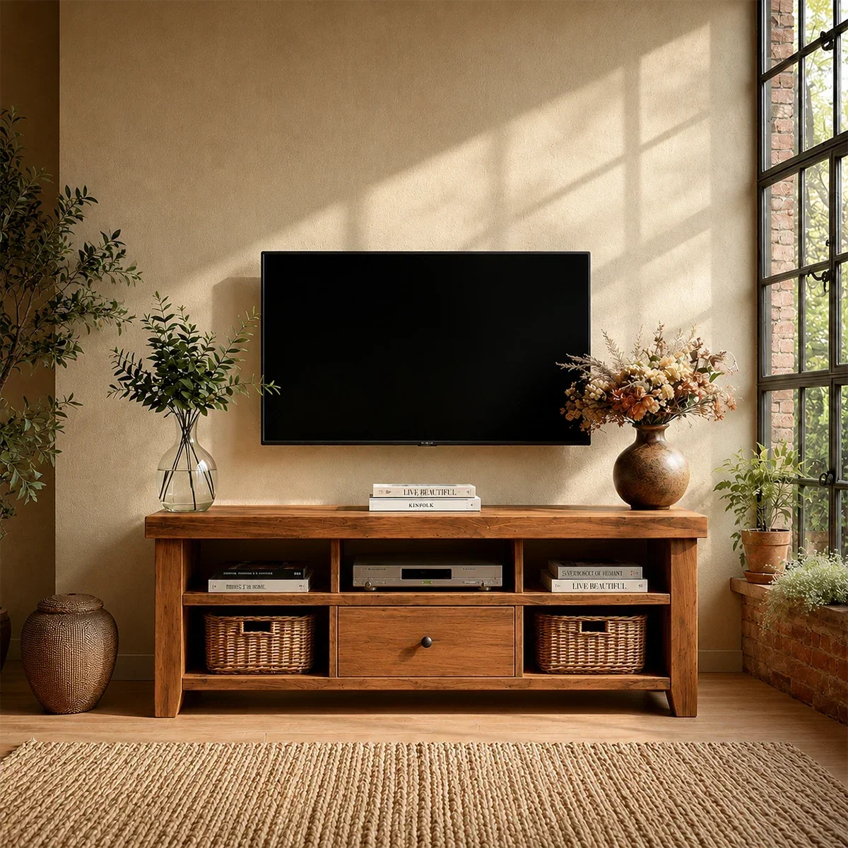 Modern Natural Wood TV Stand with Center Drawer and Open Storage Shelves for Living Room - ArborisWood - 14