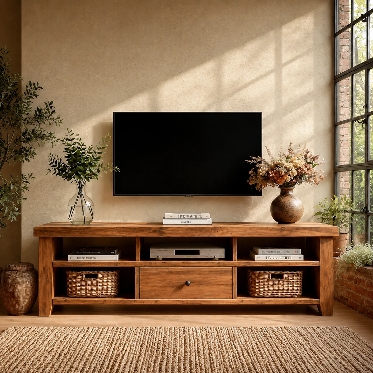 Modern Natural Wood TV Stand with Center Drawer and Open Storage Shelves for Living Room - ArborisWood - 15