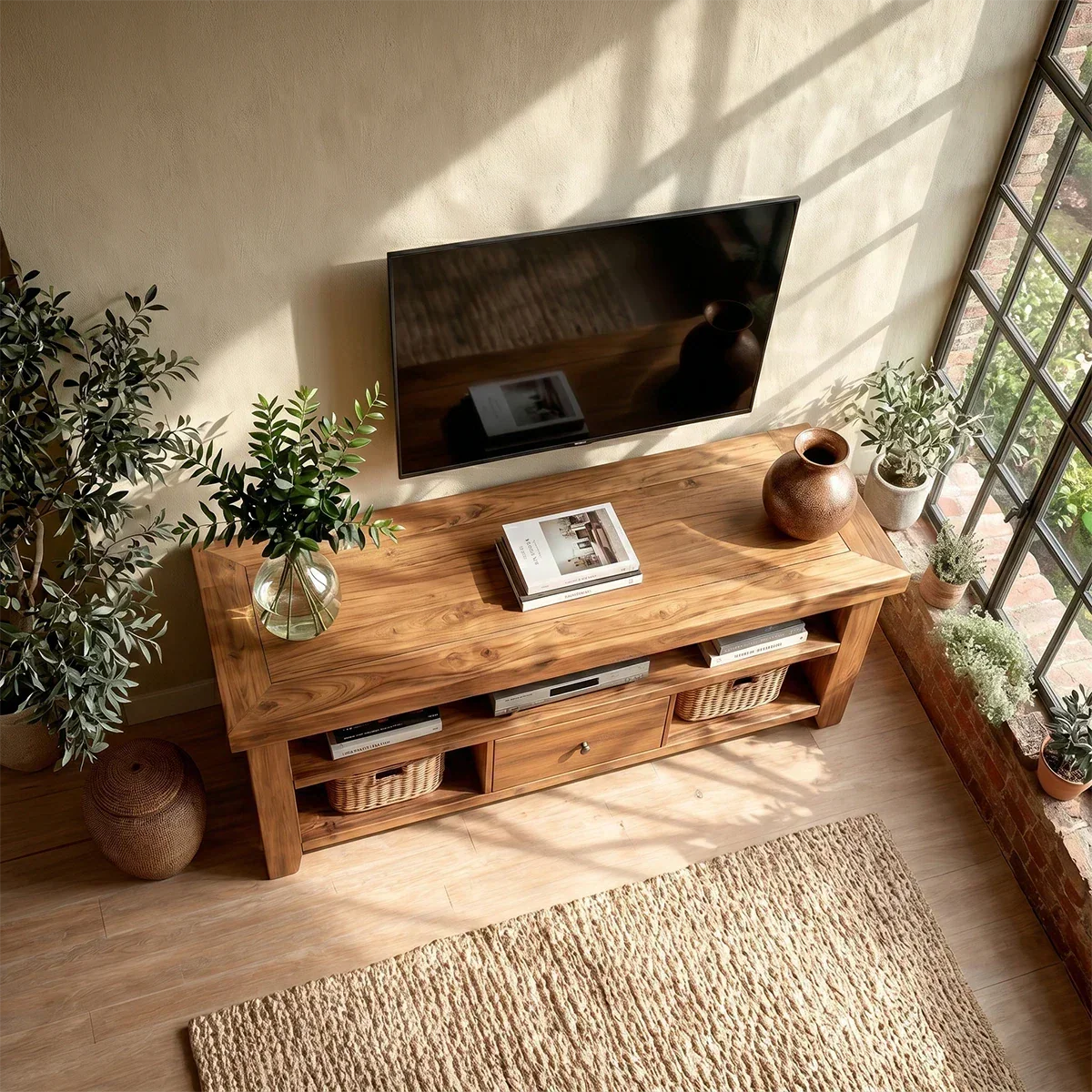 Modern Natural Wood TV Stand with Center Drawer and Open Storage Shelves for Living Room - ArborisWood - 6