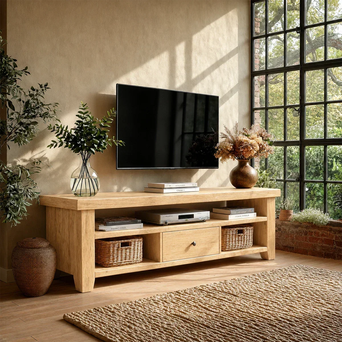 Modern Natural Wood TV Stand with Center Drawer and Open Storage Shelves for Living Room - ArborisWood - 8