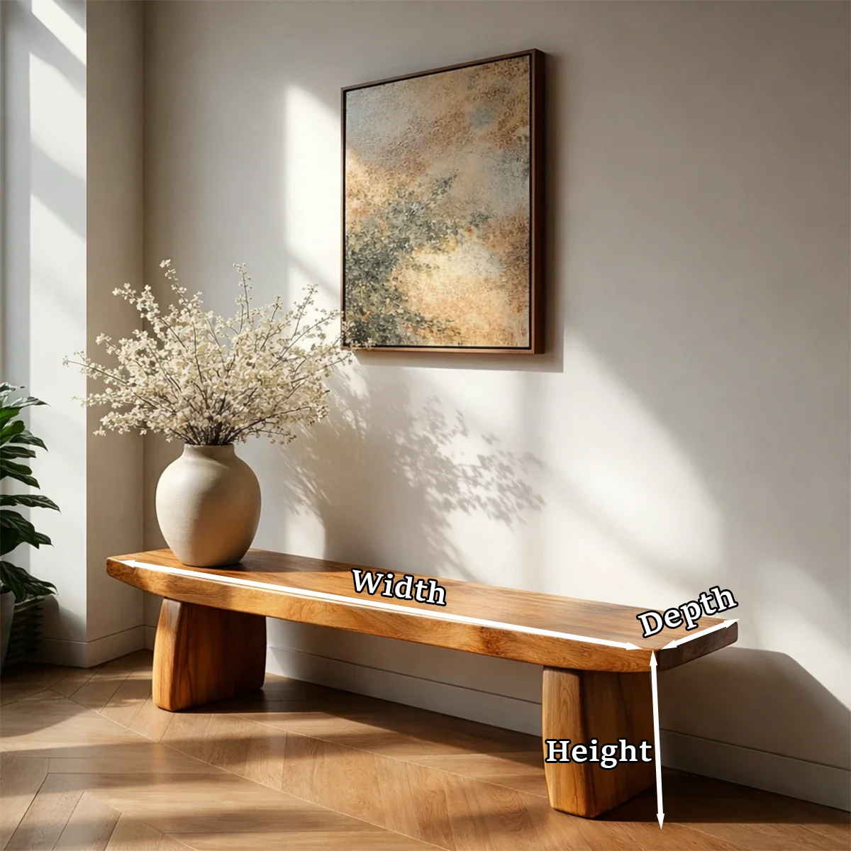 Timeless entryway seating bench showcasing simple linear styling and polished brown tone finish