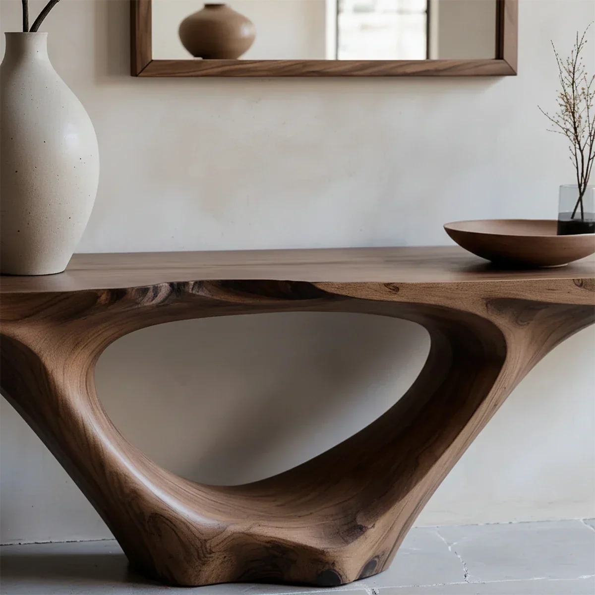 Modern Sculptural Console Table Natural Solid Wood Entryway Hollow Base - ArborisWood - 4
