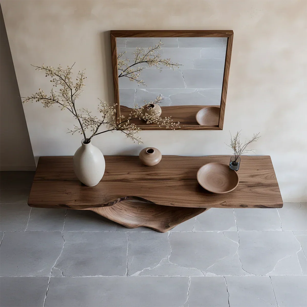 Modern Sculptural Console Table Natural Solid Wood Entryway Hollow Base - ArborisWood - 6