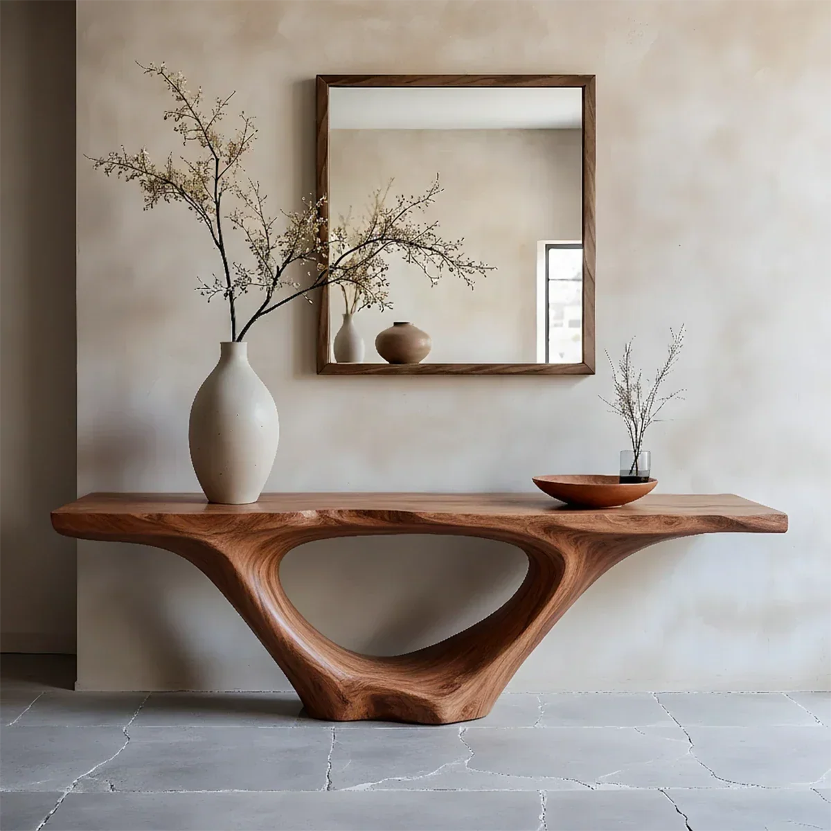 Modern Sculptural Console Table Natural Solid Wood Entryway Hollow Base - ArborisWood - 7