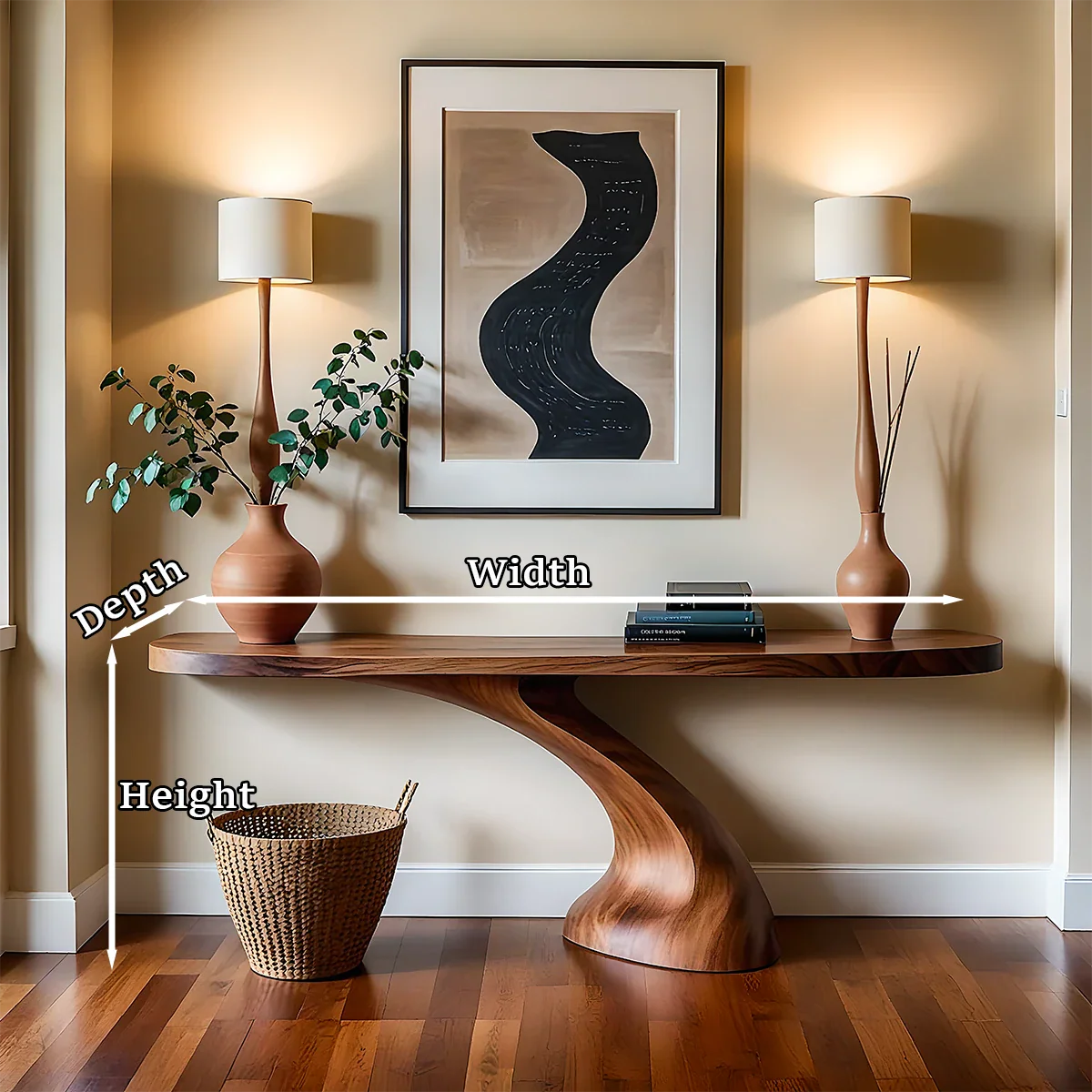 A handcrafted console table with flowing wood form brings softness and depth to this entryway
