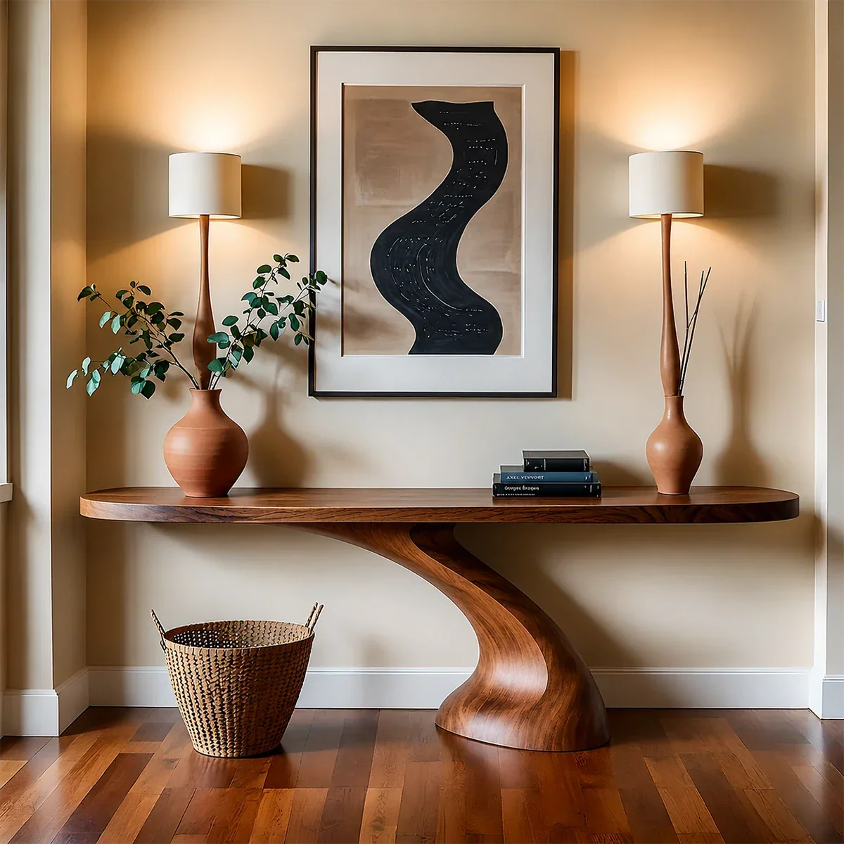 Minimalist Sculptural Console Table in Natural Solid Wood for Entryway