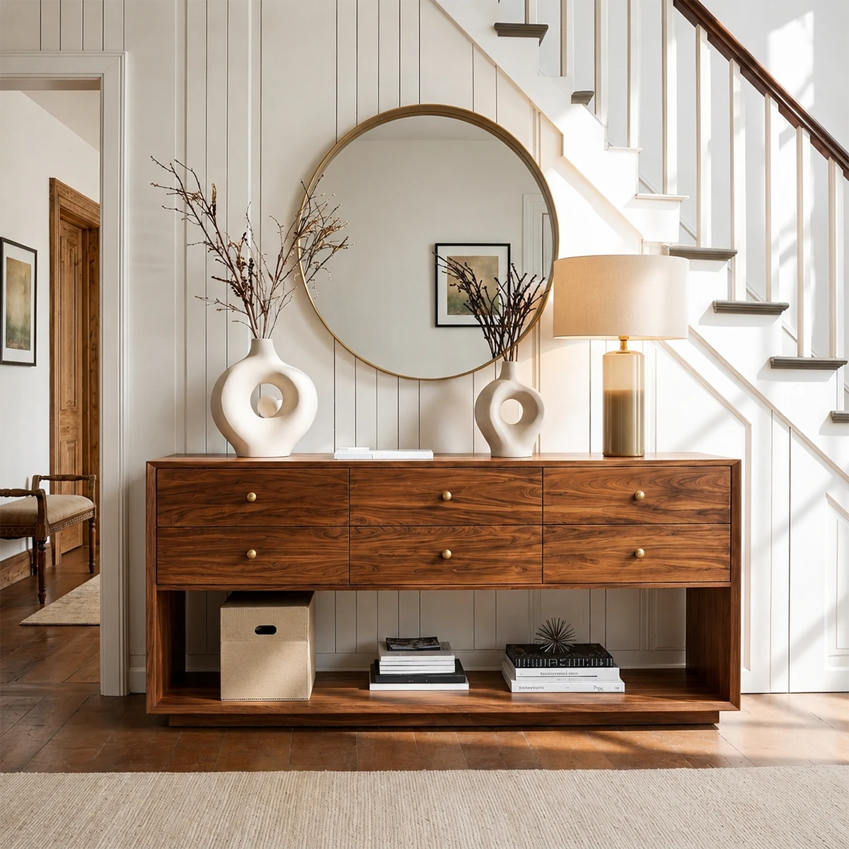 Elegant sideboard console with six drawer storage and spacious open shelf design