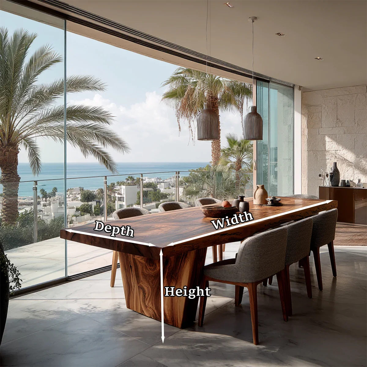 Custom solid wood dining table with unique grain pattern, ideal for luxury modern dining spaces with natural light