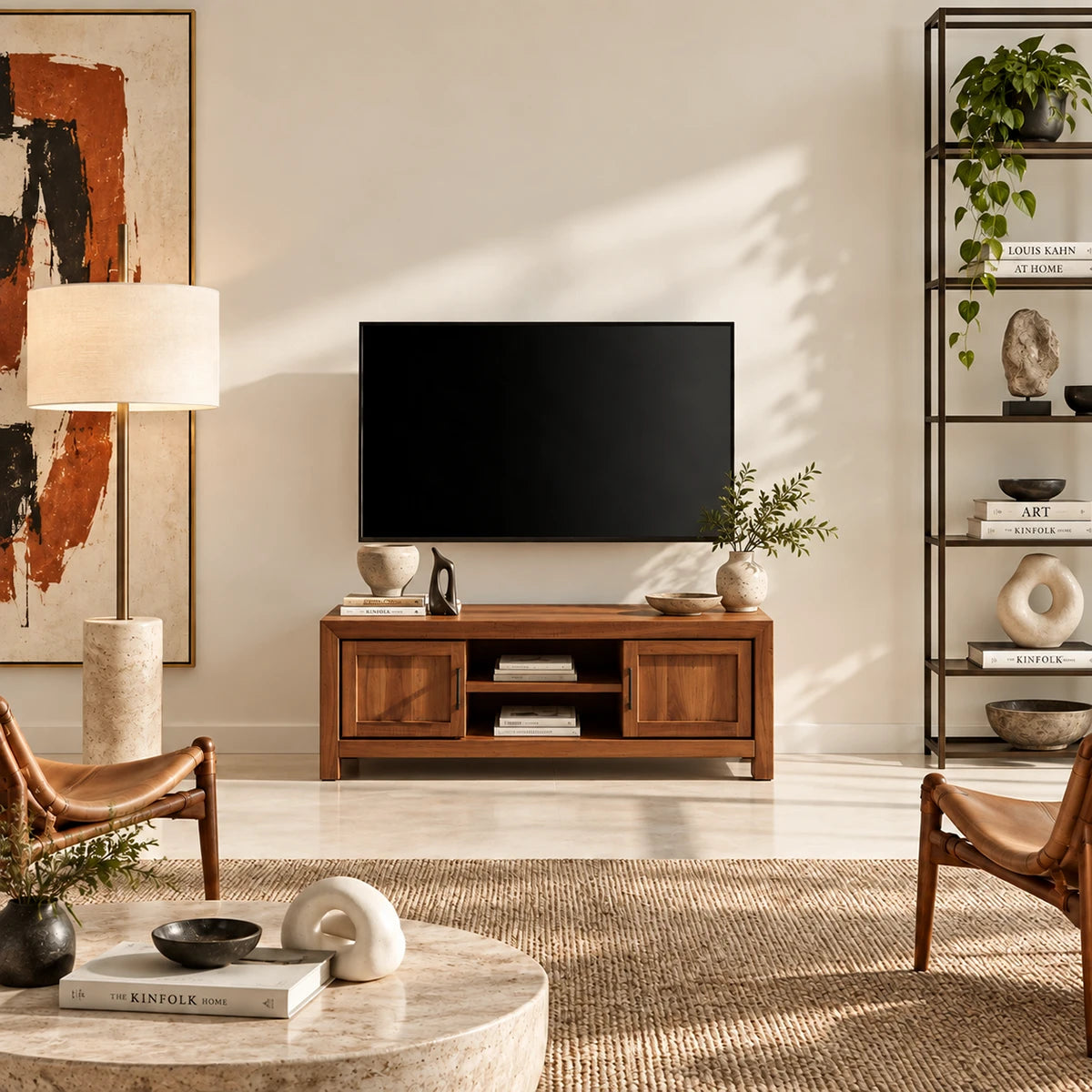 Minimalist TV storage console with cabinet doors and center shelf for media gear