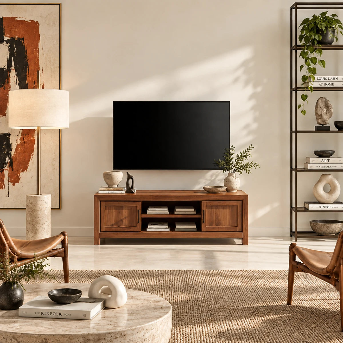 Streamlined entertainment unit with side door storage and open center shelving space