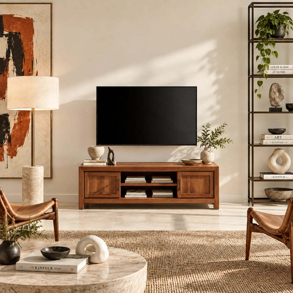 Practical TV media stand with two cabinets and a central shelf for electronics use