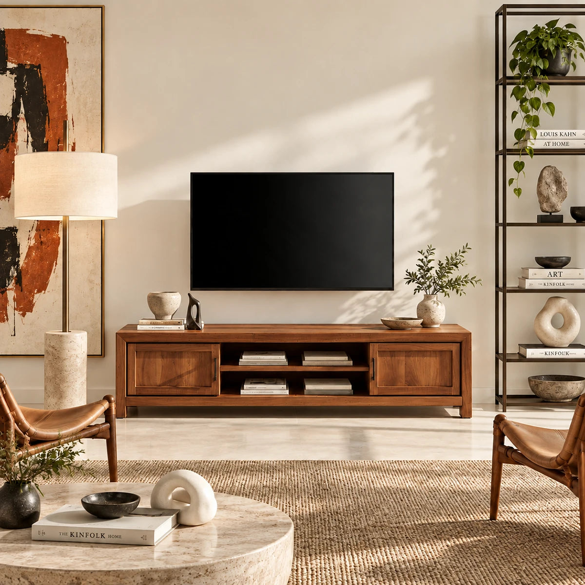 Versatile TV cabinet with side door compartments and open shelving for storage needs