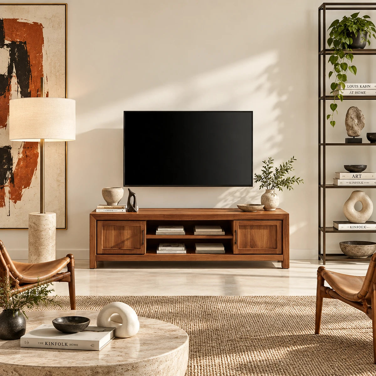 Natural solid wood TV stand with side cabinets and open shelf for modern living spaces