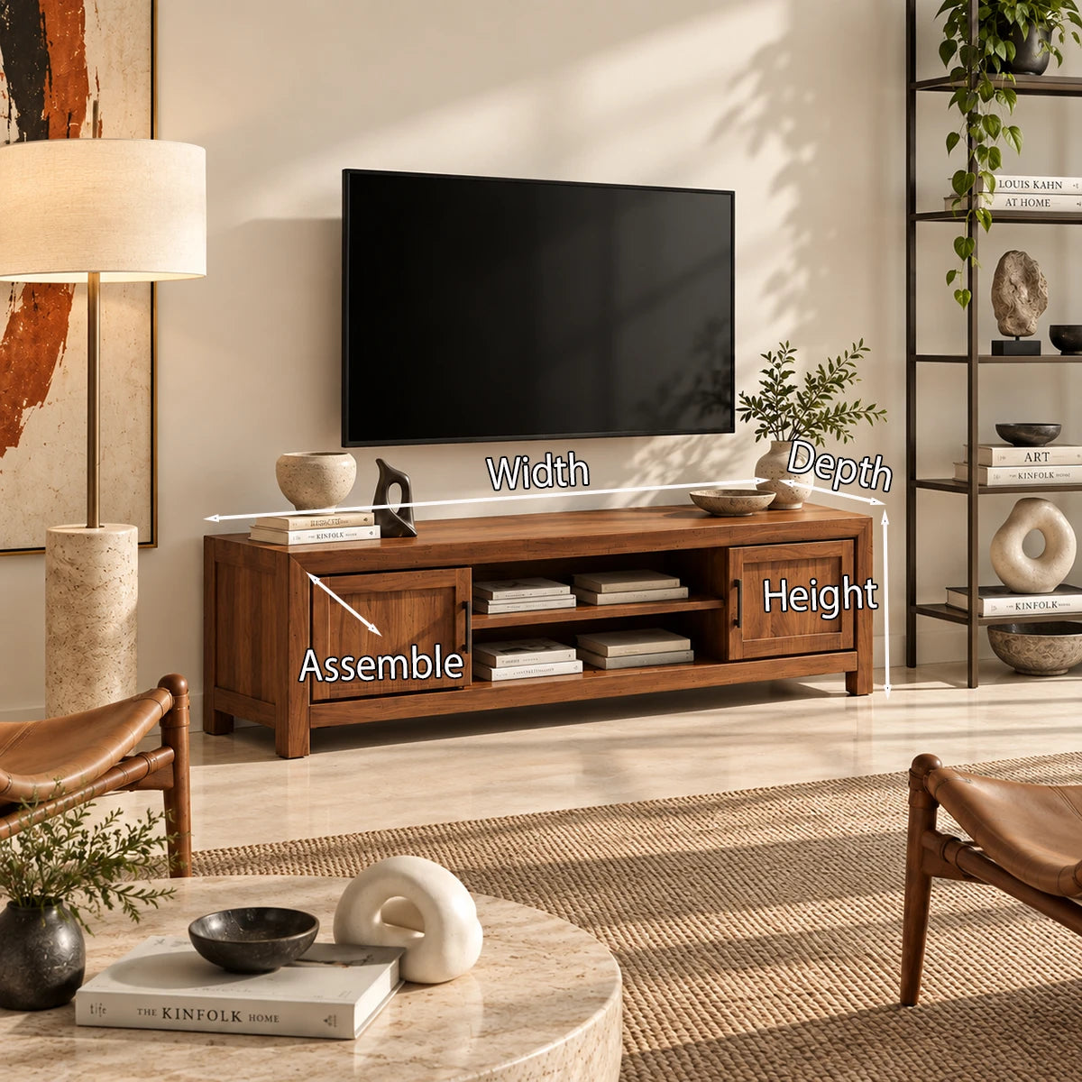 Elegant media credenza with enclosed side storage and open shelf for accessories