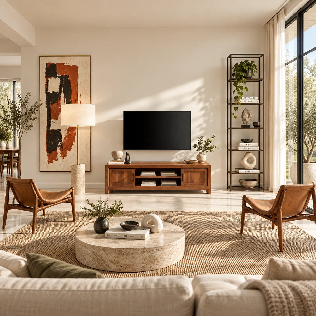 Modern media console with two side doors and center shelving for storage display