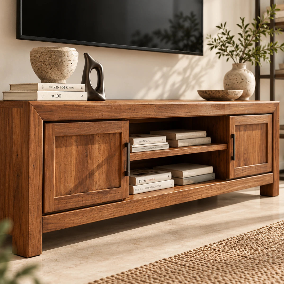 Low TV cabinet with framed side doors and open middle shelf for everyday media use
