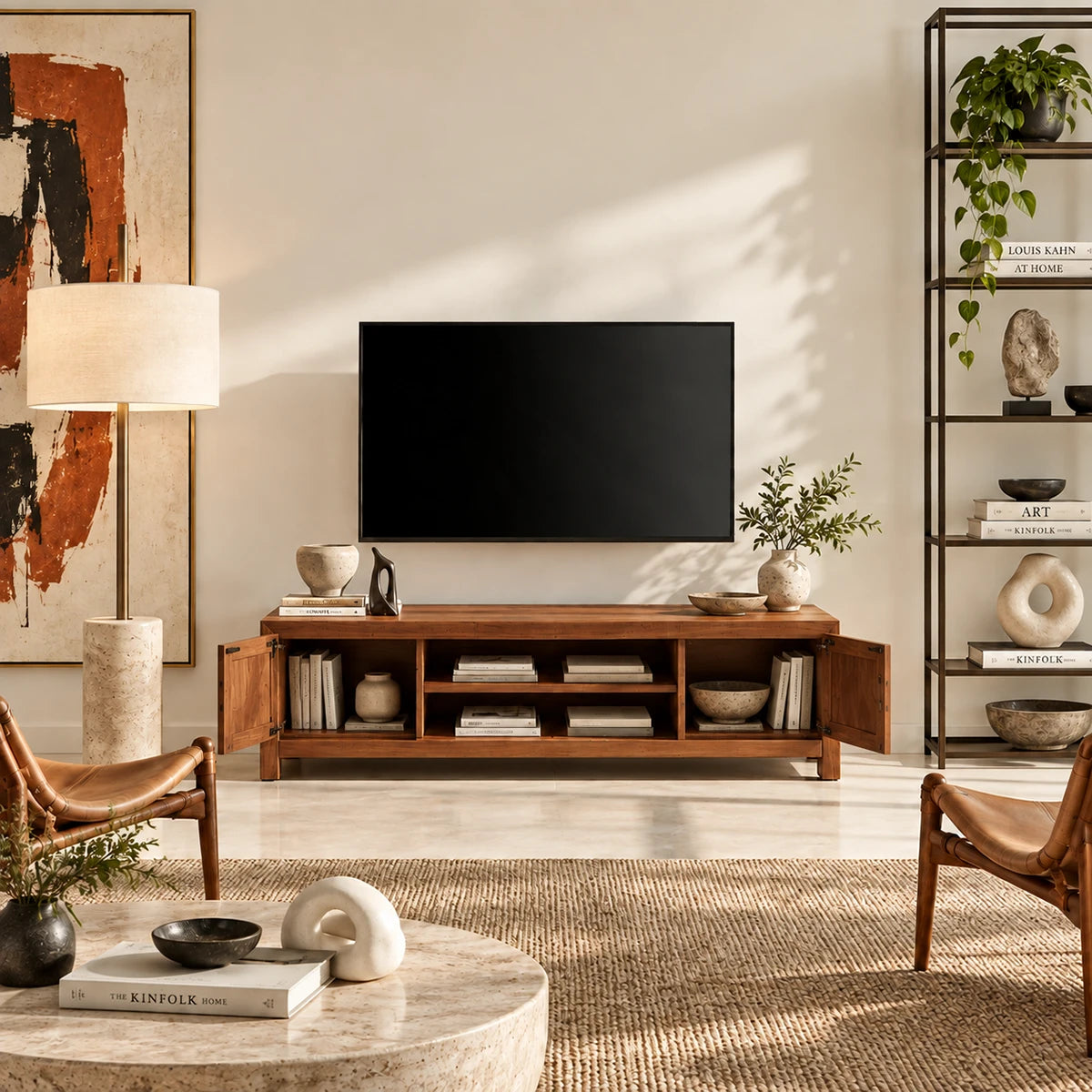 Contemporary TV console with side cabinet storage and an open shelf for display pieces