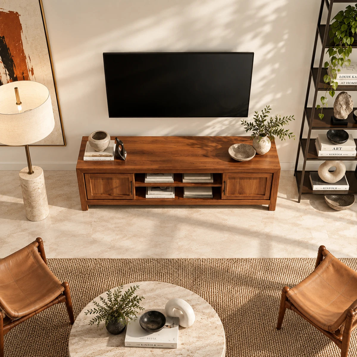 Handcrafted media cabinet with two side compartments and center shelf storage space