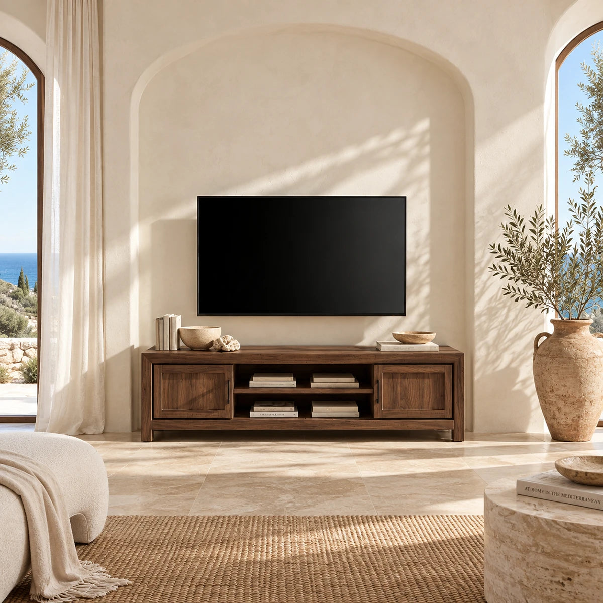 Clean lined entertainment console with cabinet doors and open storage in the middle