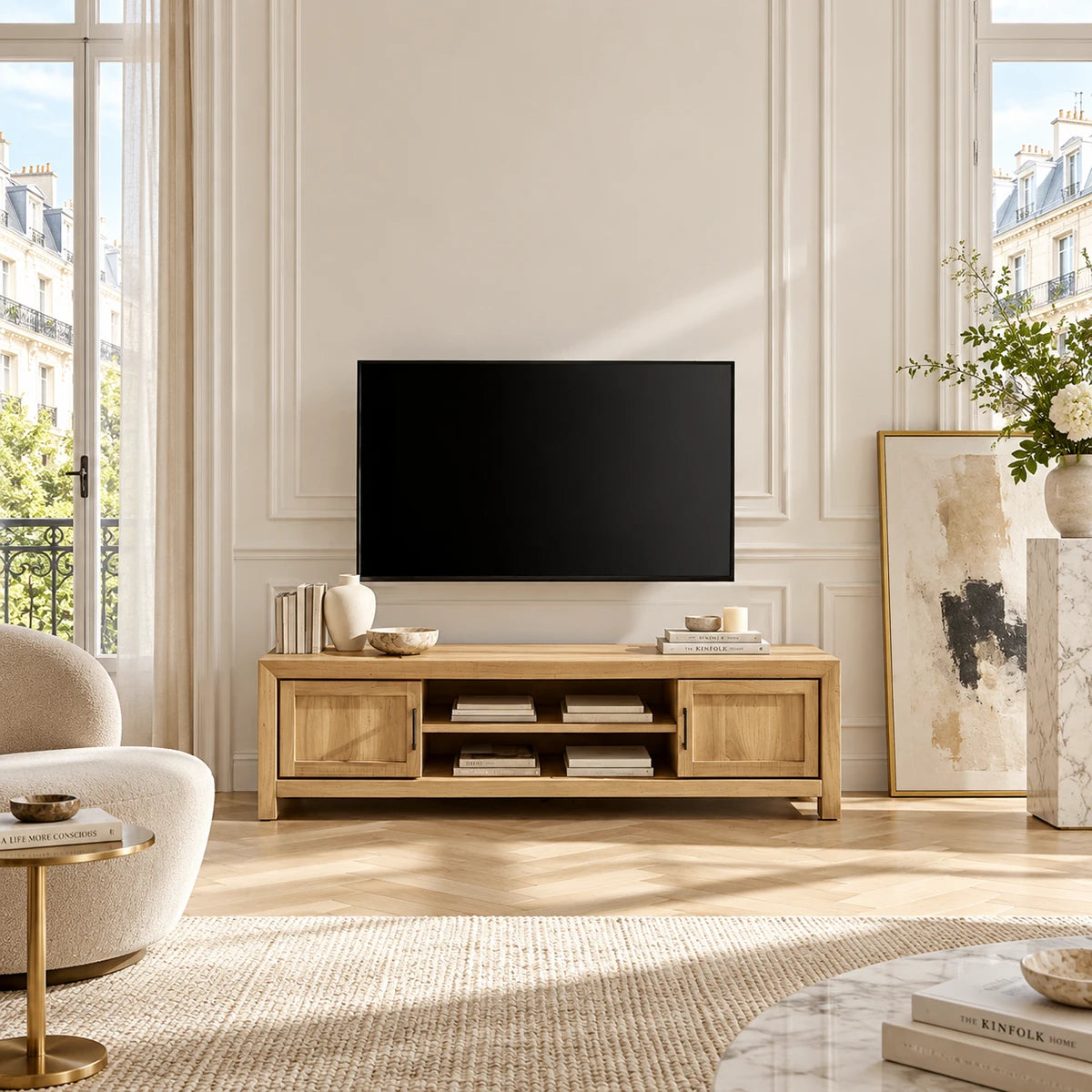 Living room TV stand with balanced closed storage and an open center shelf design