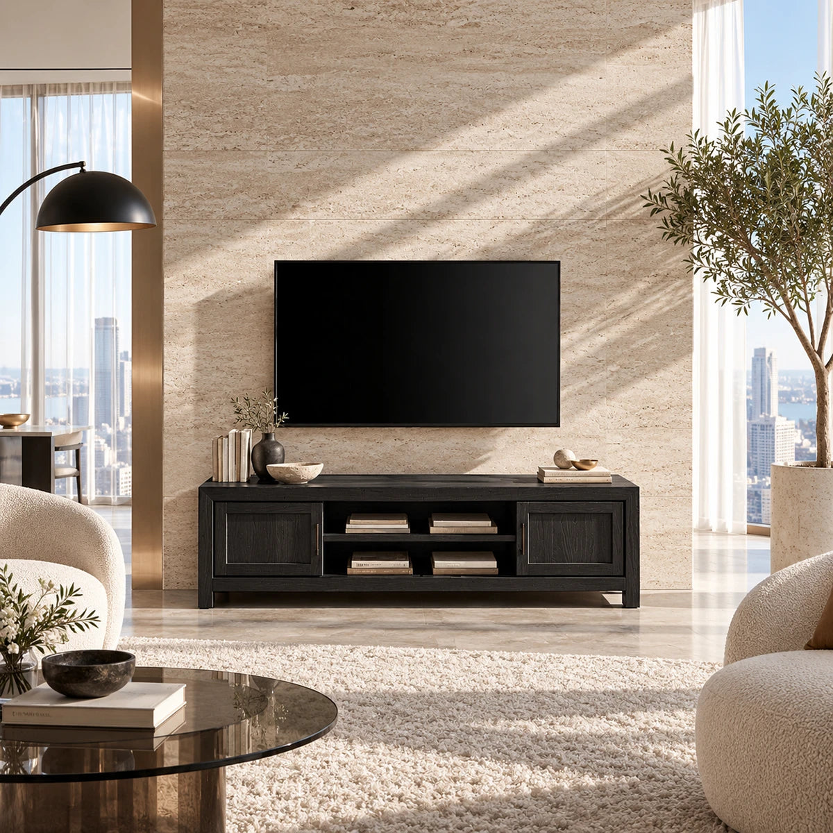 Designer television stand with side cabinets and a spacious shelf for components