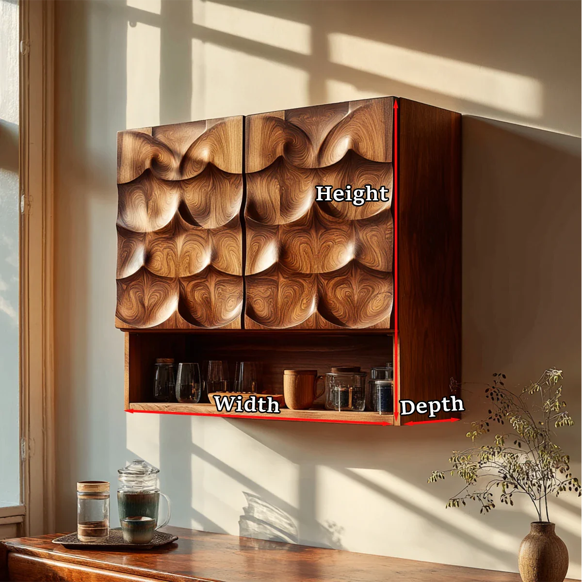Premium modern cabinet with carved wood panels and open shelf storage in contemporary kitchen