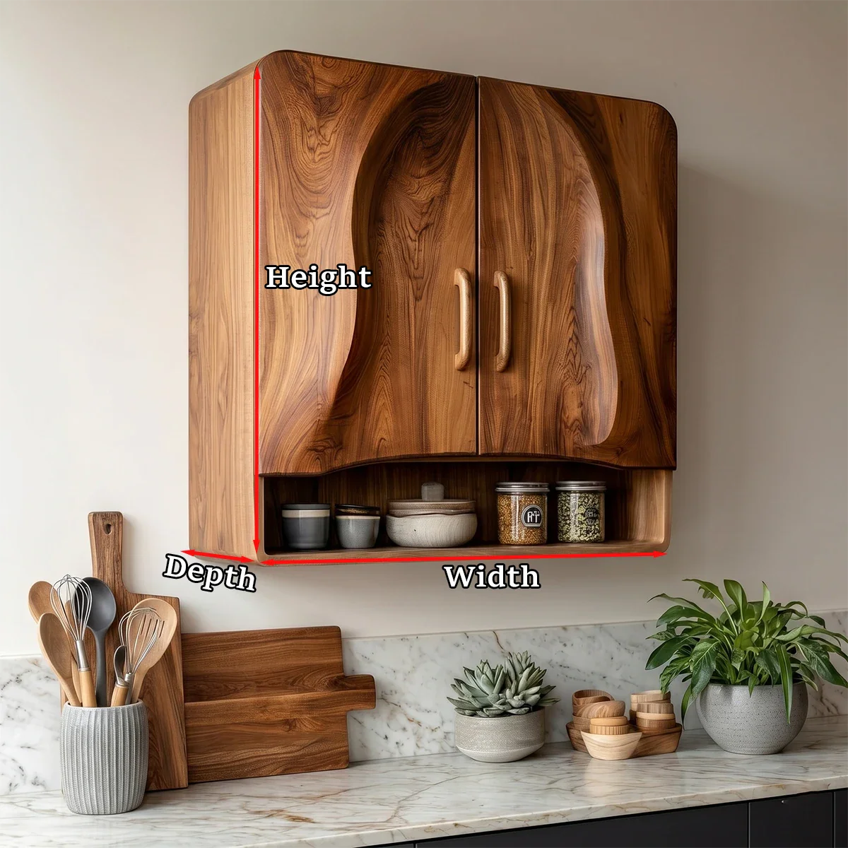 Functional wall cabinet with natural wood construction and open storage space in contemporary kitchen
