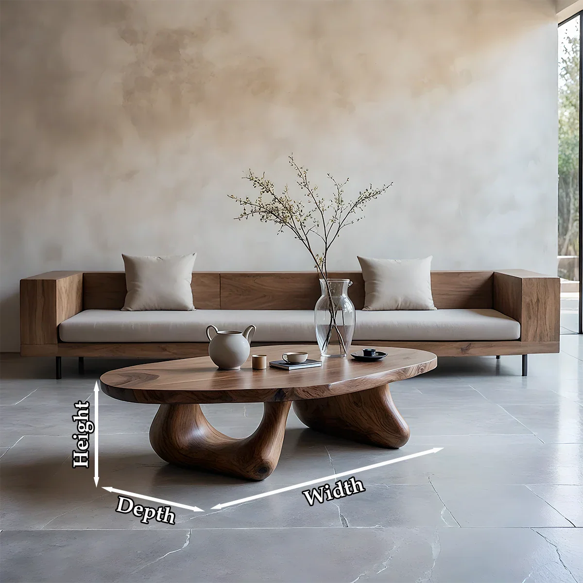 Walnut coffee table with sculptural form and balanced proportions in a contemporary home interior
