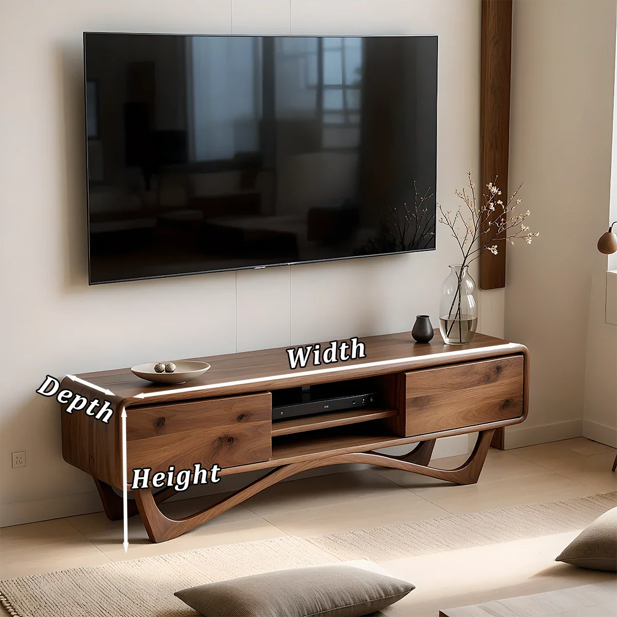 Showcasing a walnut color TV stand with balanced shape and subtle grain detail in a calm room