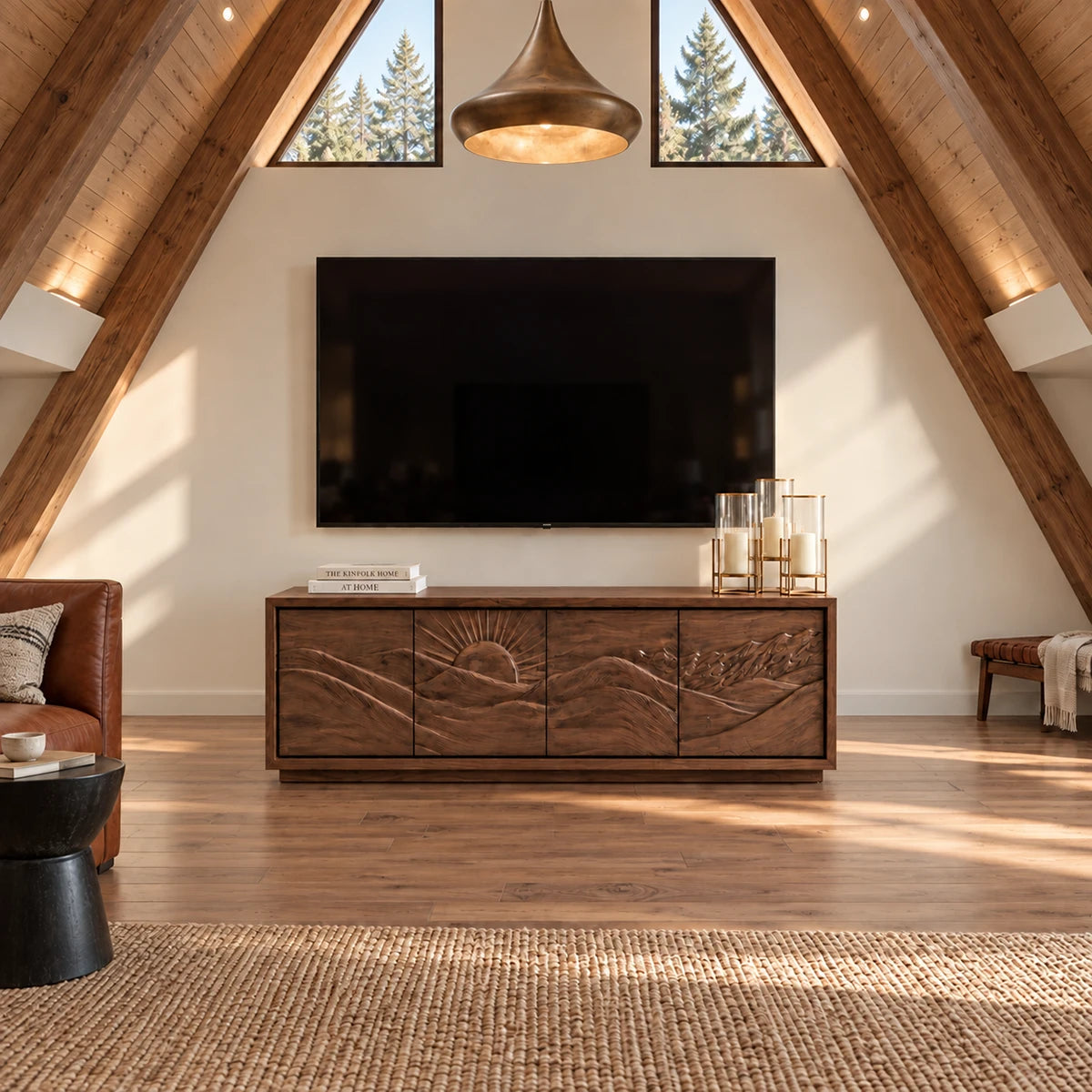 Contemporary TV stand in solid wood with artful relief facade and clean geometry