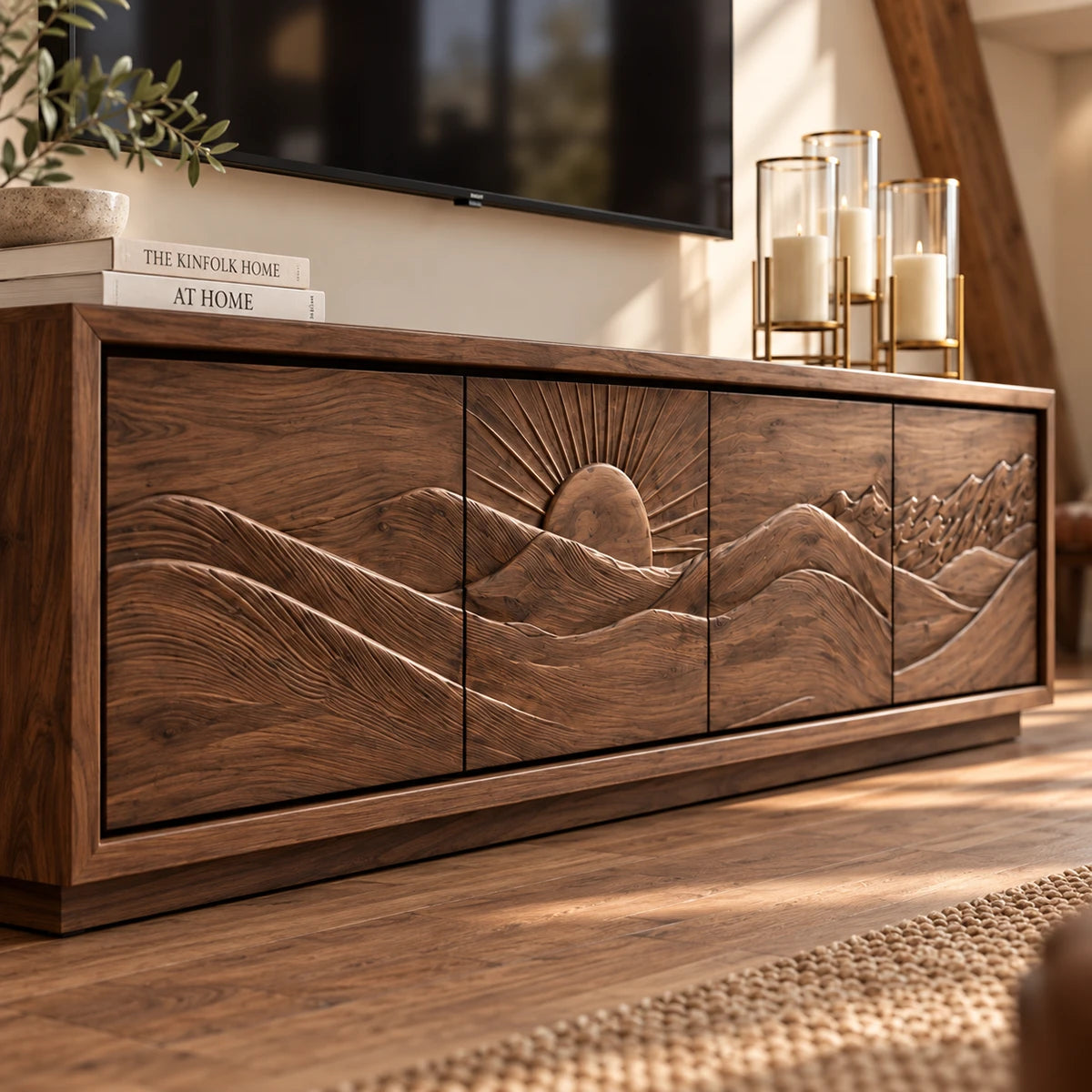 Low-profile TV console in solid wood with panoramic carved front and clean lines
