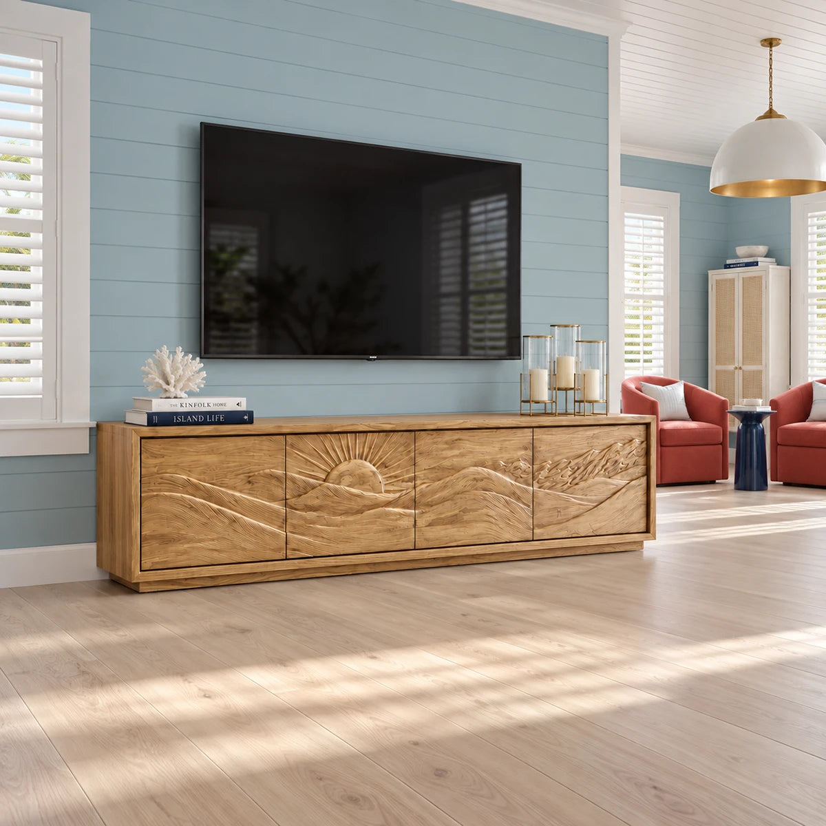 Architectural media stand in solid wood with mountain relief and modern low profile