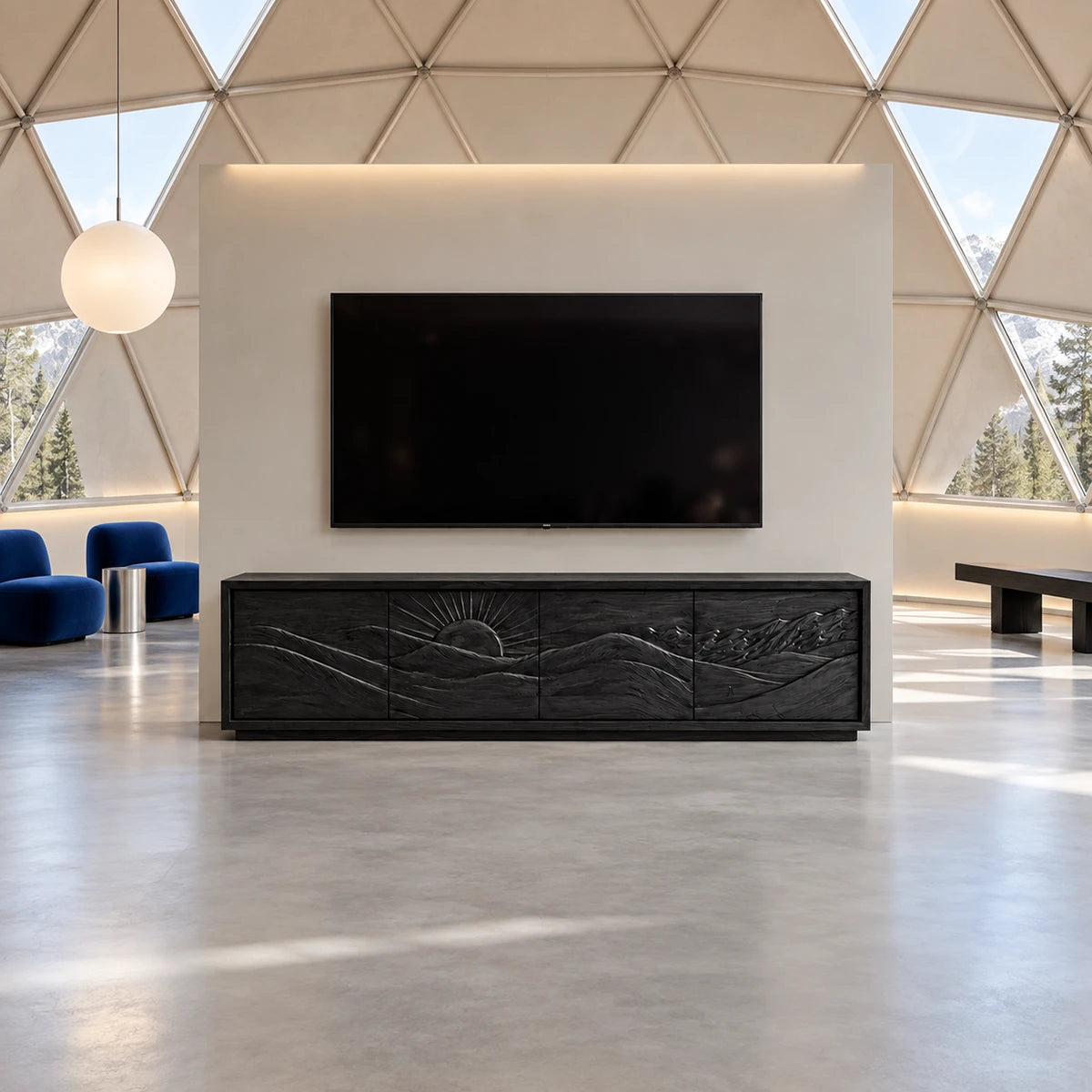 Living room TV console in solid wood with carved artwork fronts and wide storage