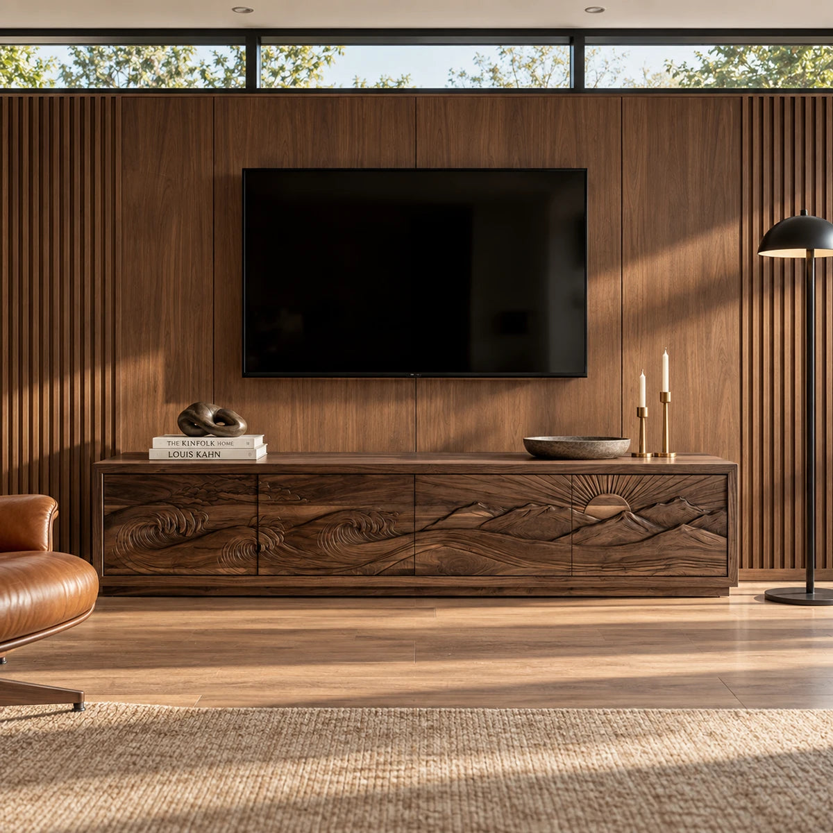 Designer entertainment unit in solid wood with ocean wave relief and long profile
