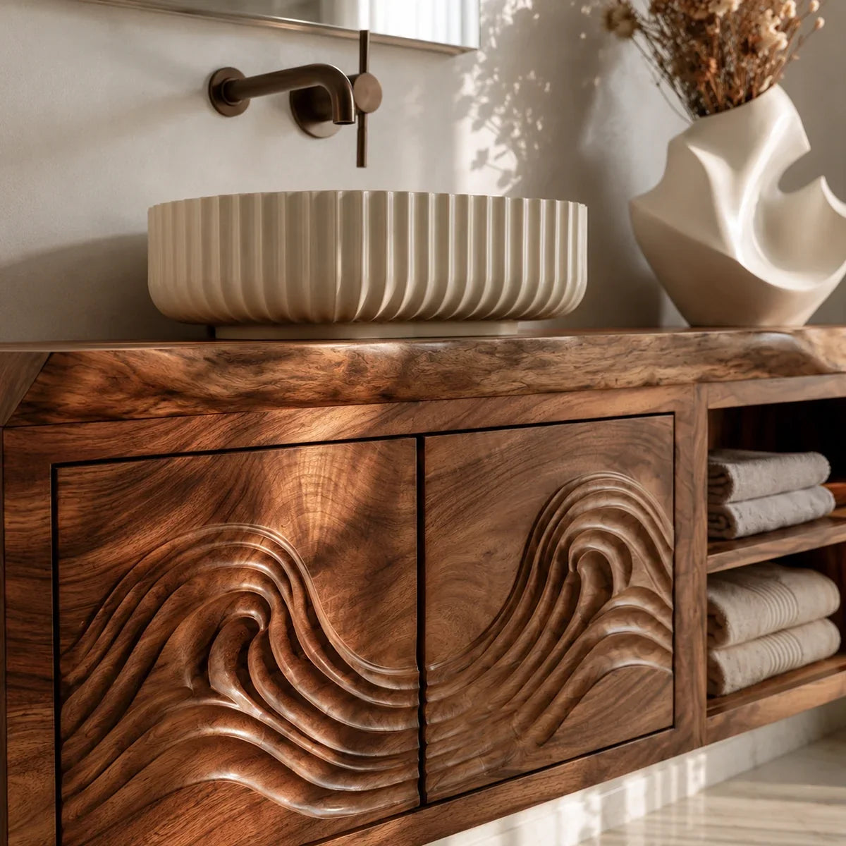 Natural Solid Wood Bathroom Vanity with Carved Wave Doors – Rustic - Arboriswood - 1