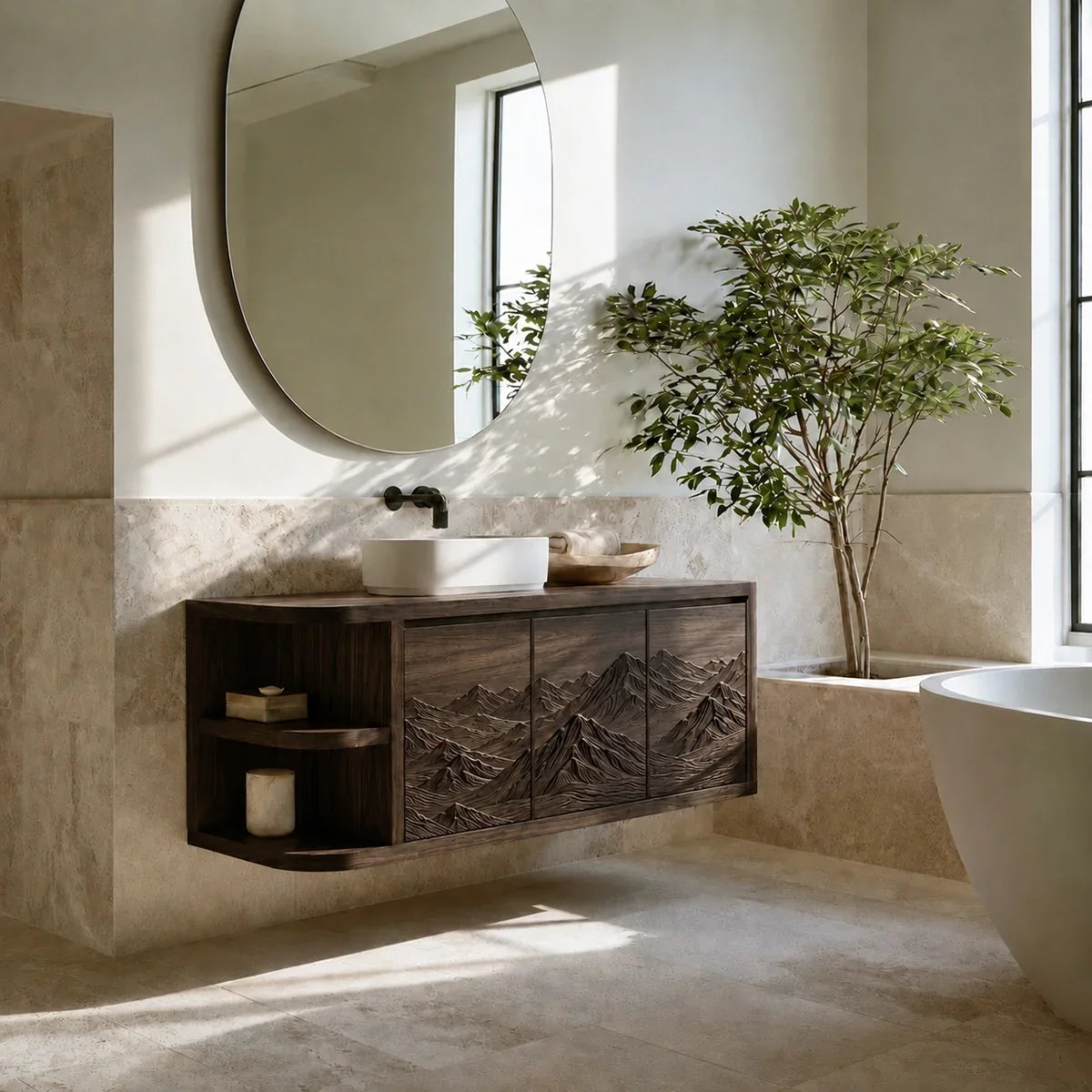 Natural Solid Wood Bathroom Vanity with Hand-Carved Mountain Relief - Arboriswood - 10