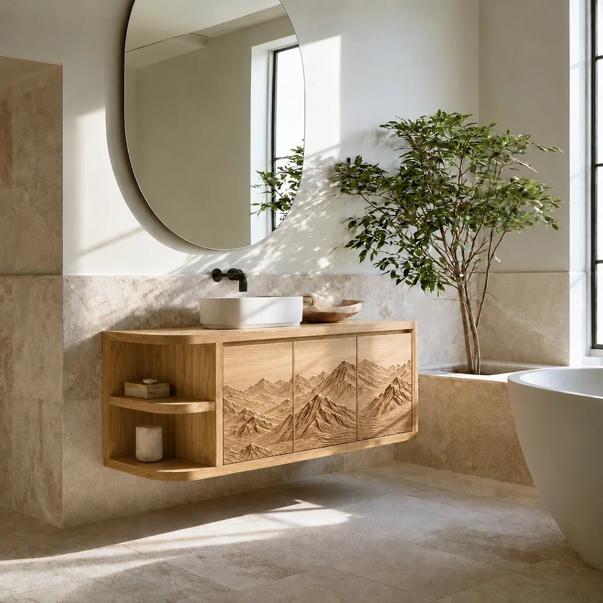 Natural Solid Wood Bathroom Vanity with Hand-Carved Mountain Relief - Arboriswood - 9